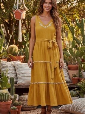 Joie Embroidered Sleeveless Tiered Maxi Dress Yellow size 8 plus Headband New